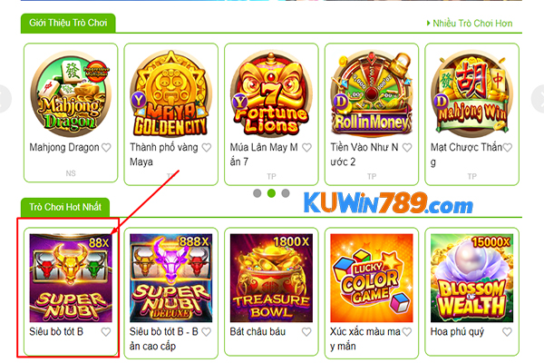 Giao diện truy cập game nổ hũ siêu bò tót B tại KUWIN